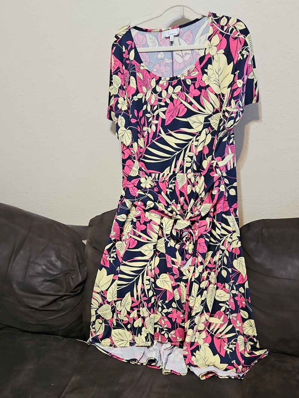 Robbie Bee Navy Floral Midi Dress with Pink and Cream Leaves